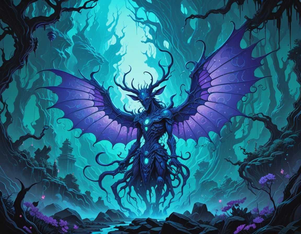 Surreal Fantasy Demon in a Teal and Purple Forest