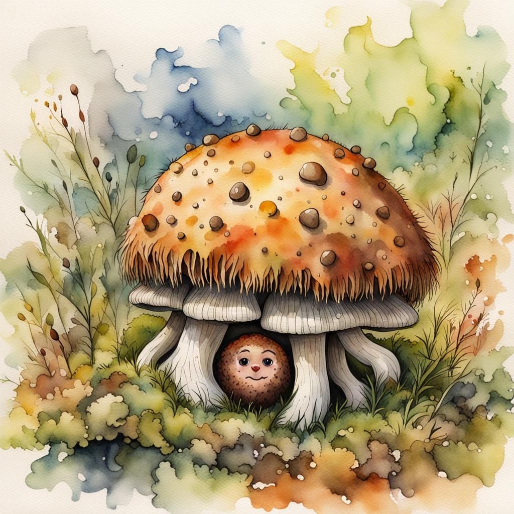 Here a shy haggis is hiding under mushroom caps.