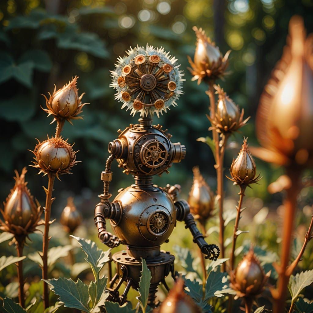 Mechanical Marvels: Vibrant Redish-Blue Blooms Amid Rusty Ir...
