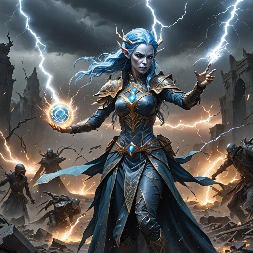 Elven Woman's Lightning Bolt Against Undead Army