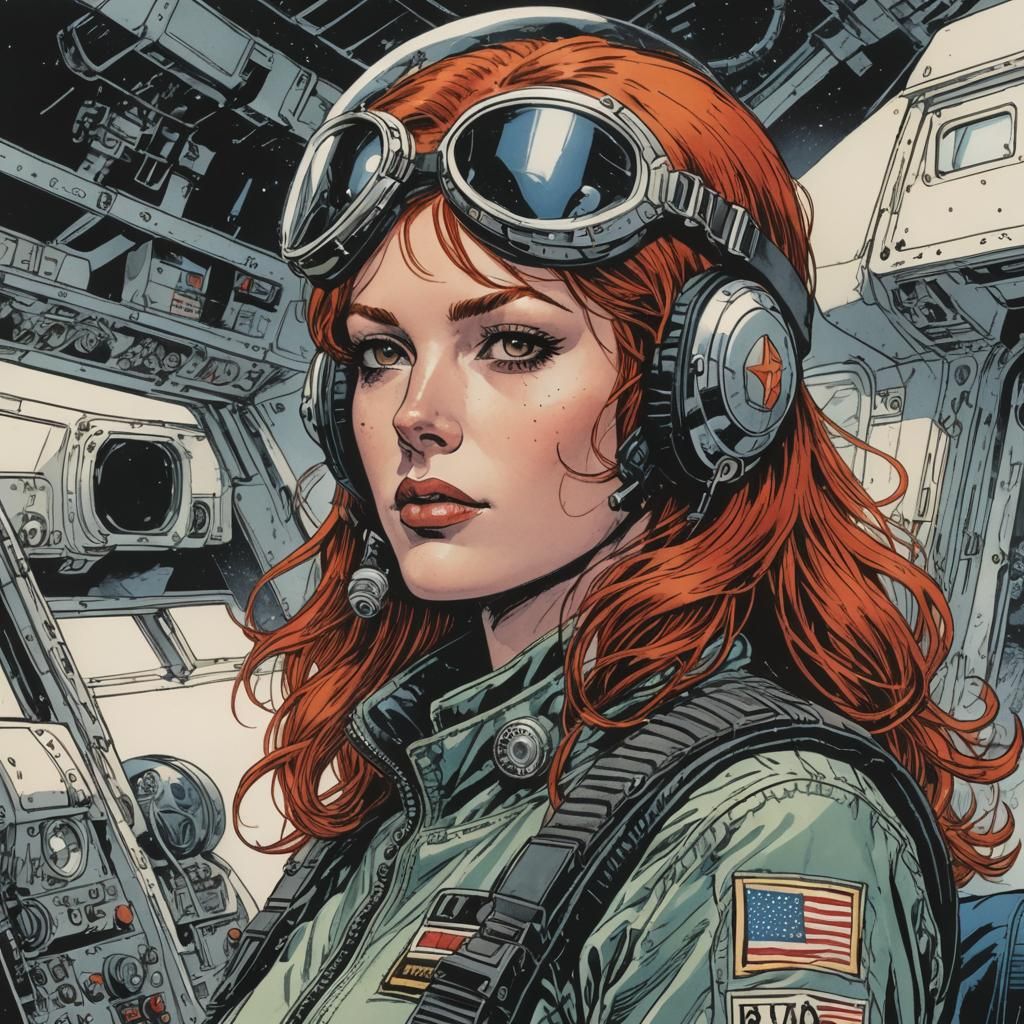 Red-Haired Pilot in Graphic Comic Book Style