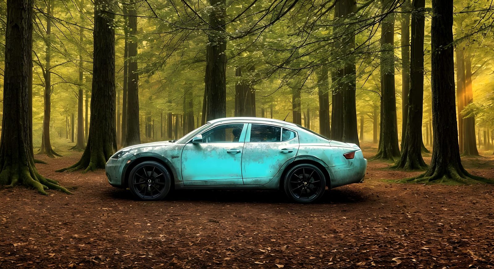Abandoned Code Car in Ethereal Digital Forest