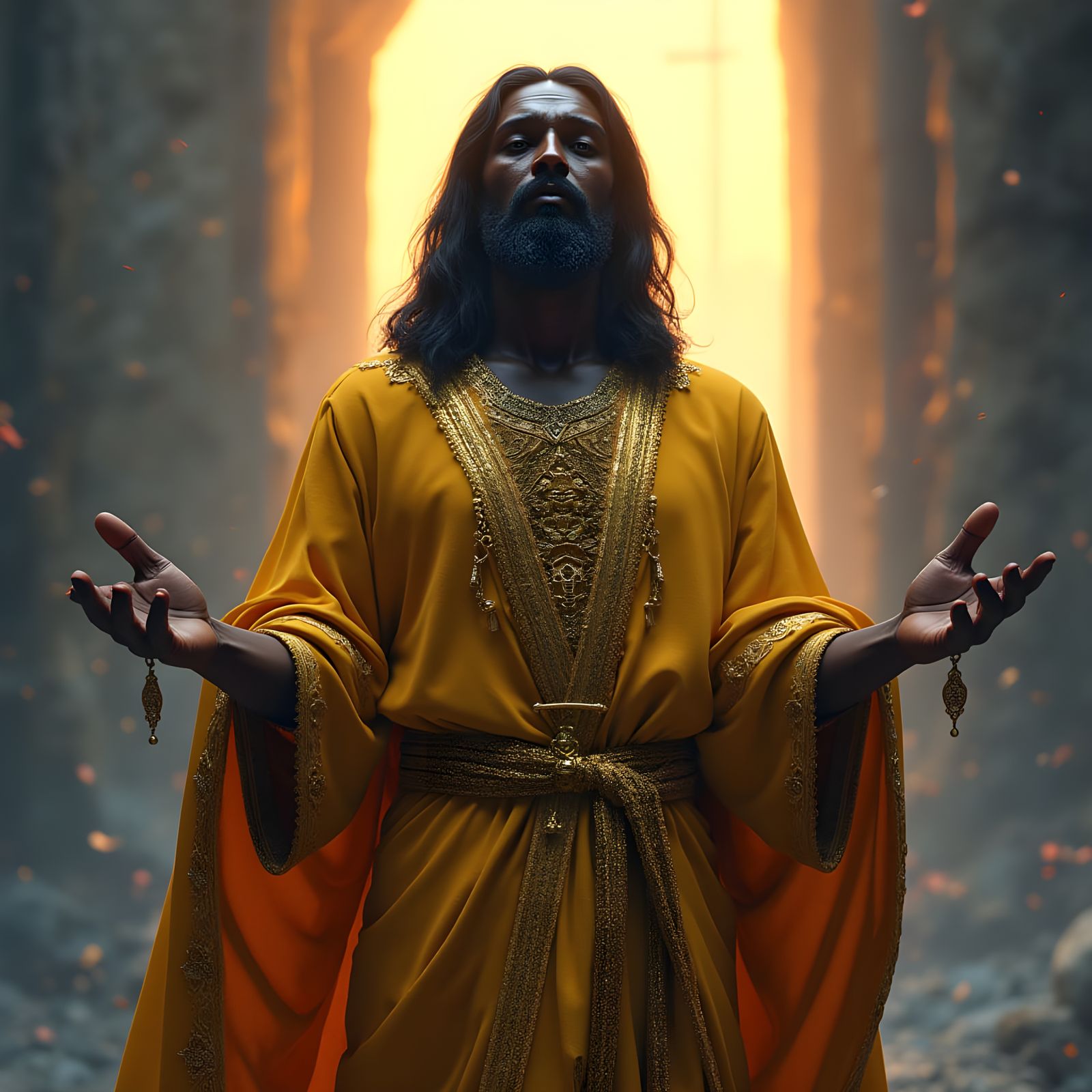 Golden Messiah in Vibrant, Fantastical Landscape