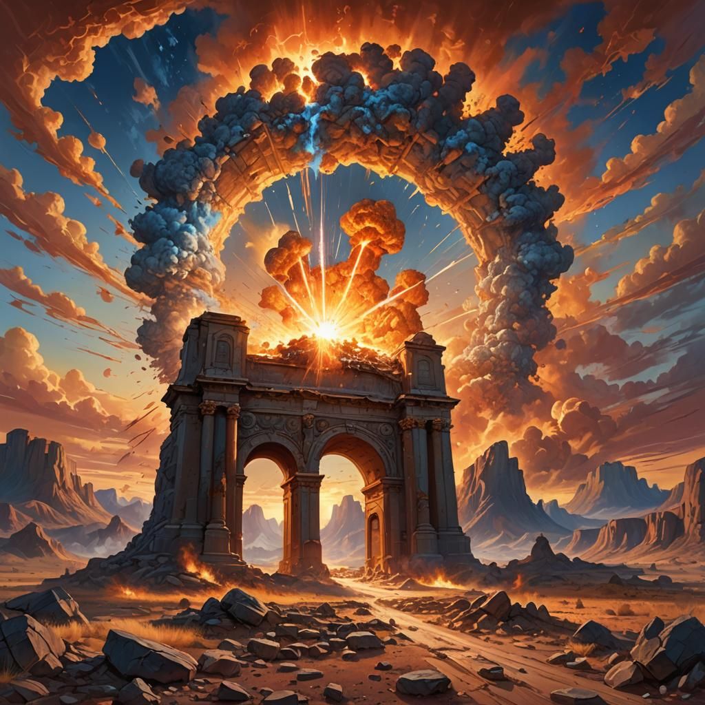 Atomic Explosion Behind Arch in Sunset Landscape