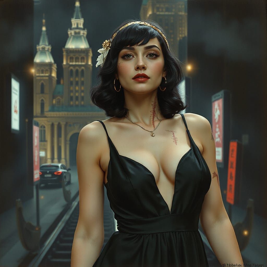 Cyberpunk Flapper with Burned Skin in Art Deco Style