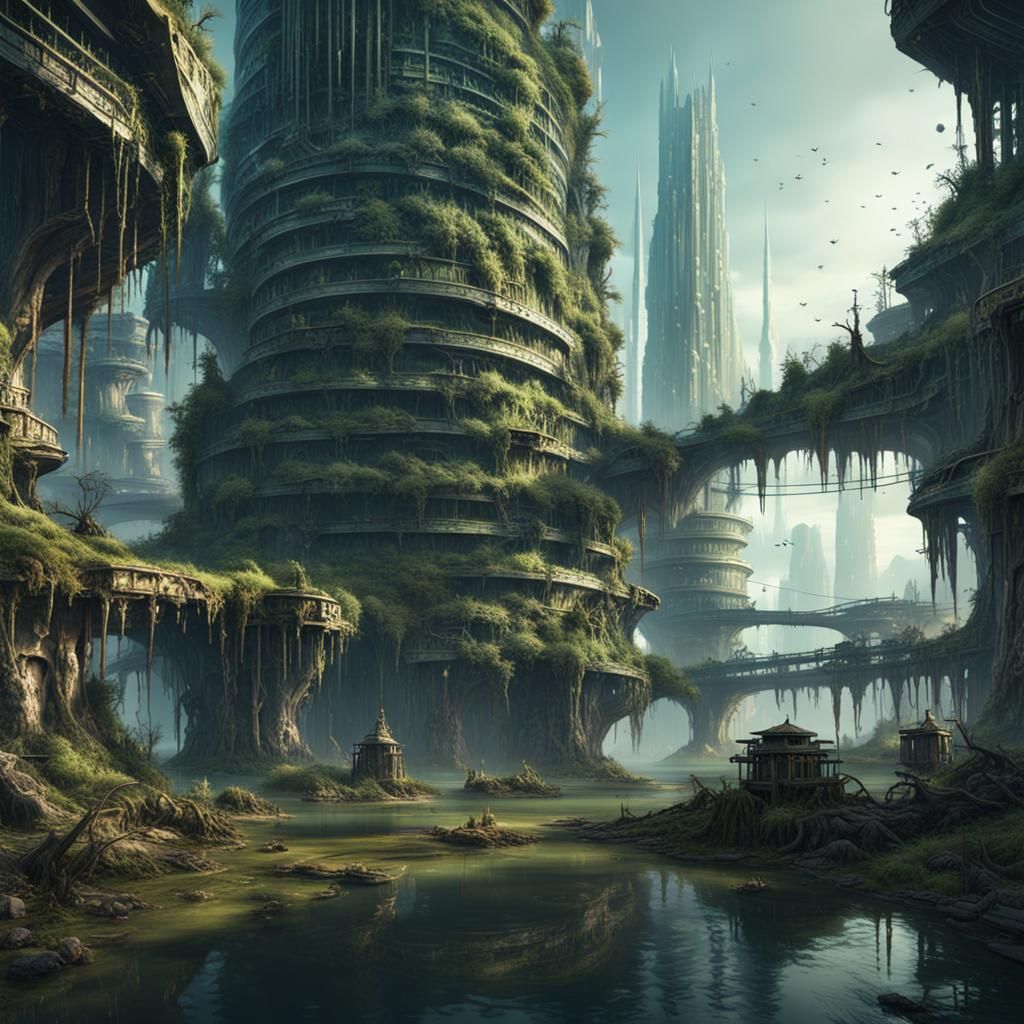 Ruined Futuristic Hive City in Swamp: Detailed Matte Paintin...