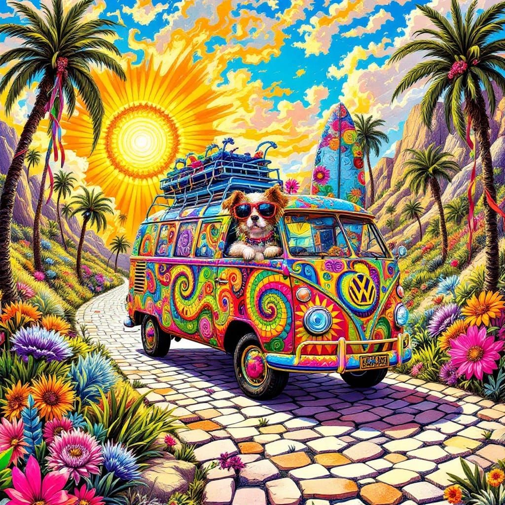 Psychedelic VW Bus on a Dream Road