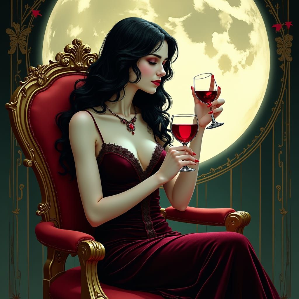 Art Nouveau Vampire with Wine in Moonlight