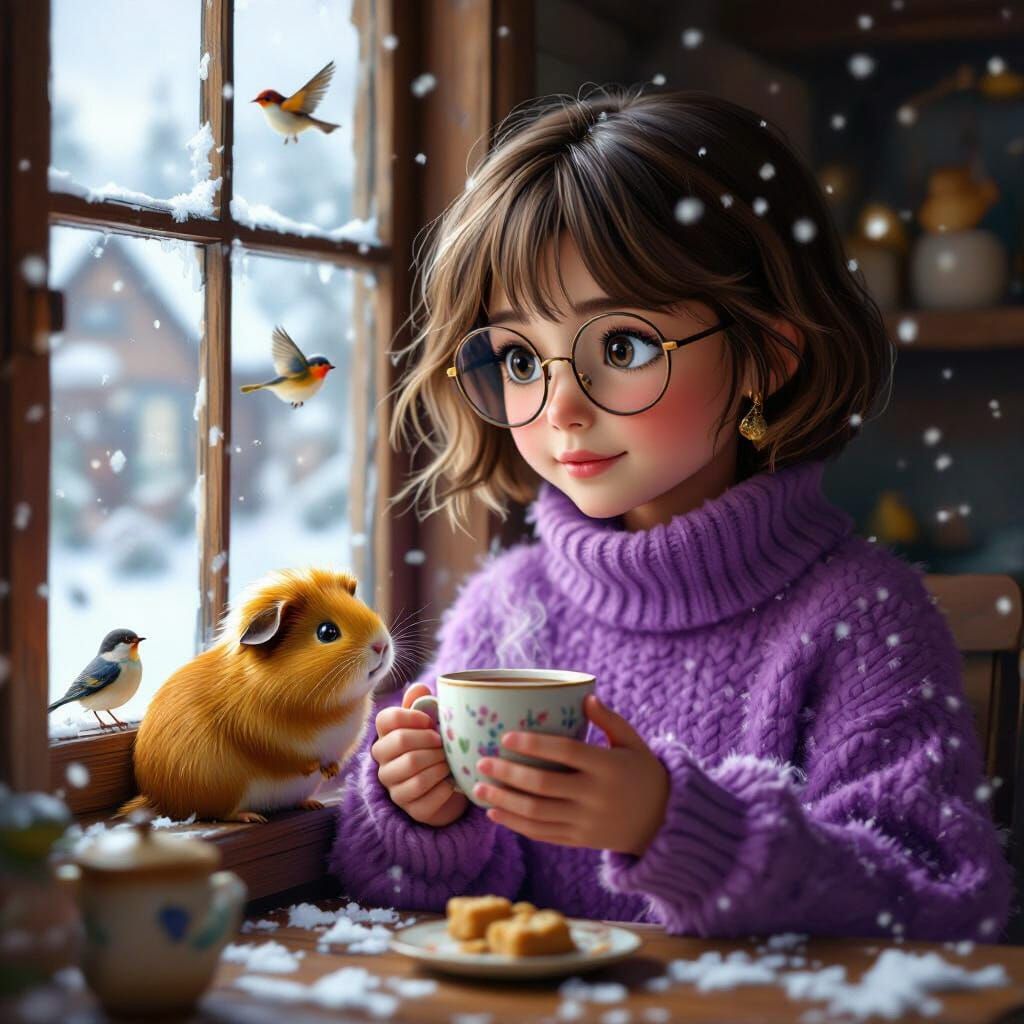 Girl with Guinea Pig Watches Snowfall in Fantasy Art Style