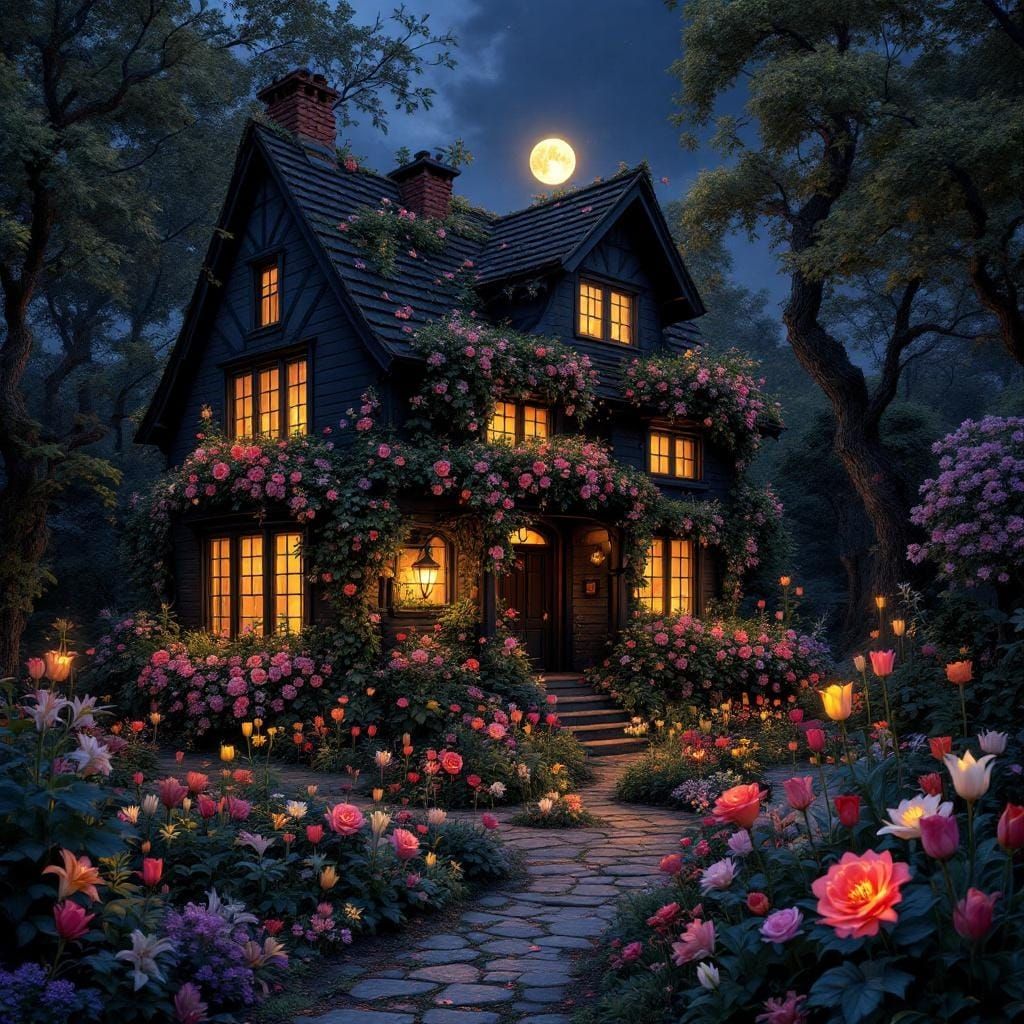 Quirky Black House with Overgrown Garden in Anime Style