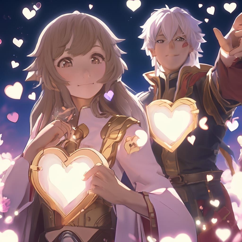 Anime Couple with Glowing Hearts in 3D Art