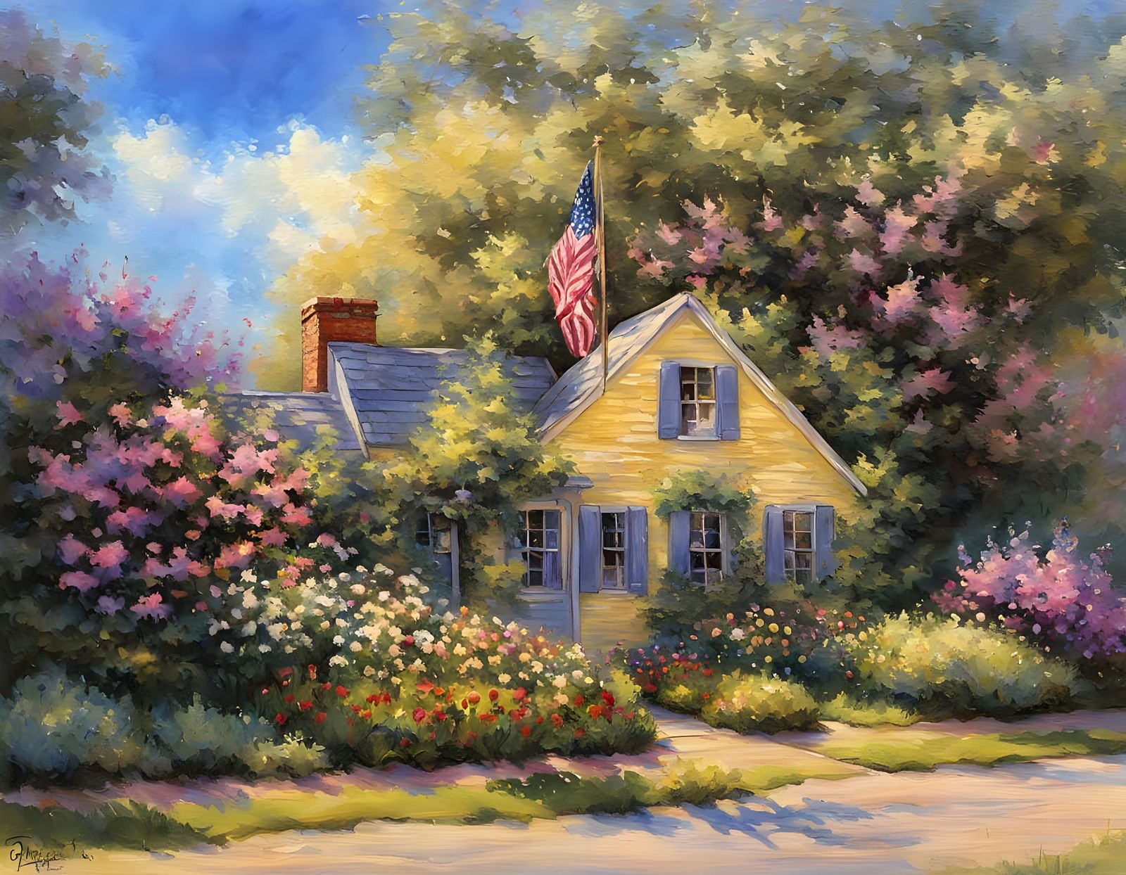 Whimsical Cottage Landscape in Neo-Impressionist Style
