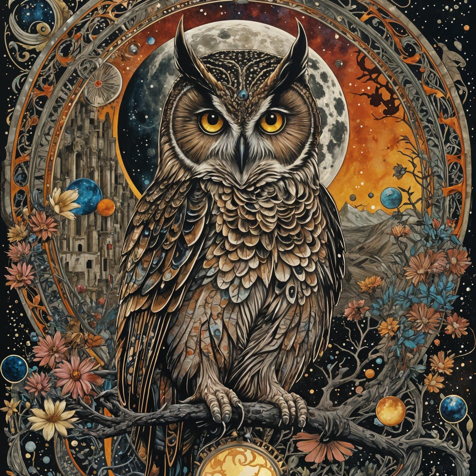 Psychedelic Owl Tarot Card in Impasto Style