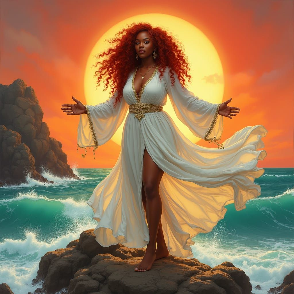 Woman with Red Hair on Rocks at Sunset, Art Nouveau