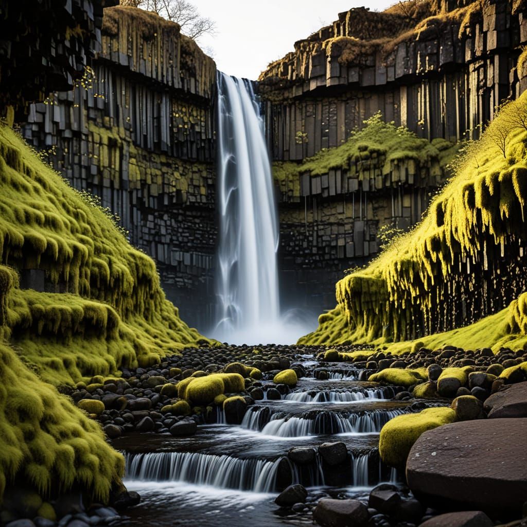 Svartifoss Waterfall with Basalt Columns in Golden Light
