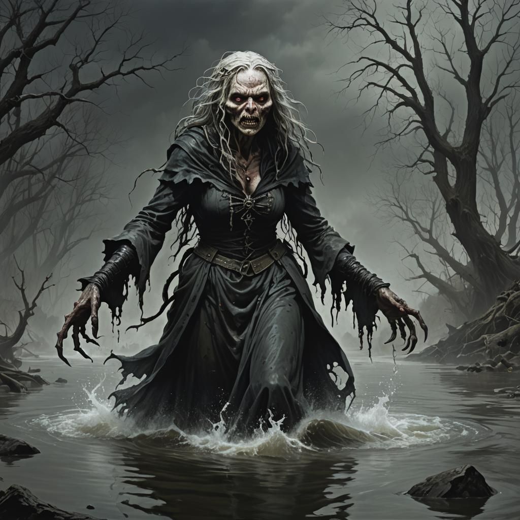Sinister Sea Hag Rising from Murky River