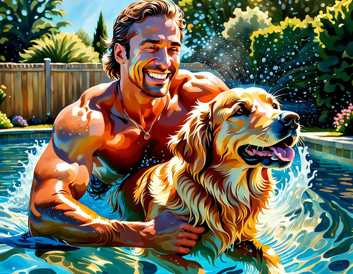 Man and Dog Swimming, Impasto Style Portrait