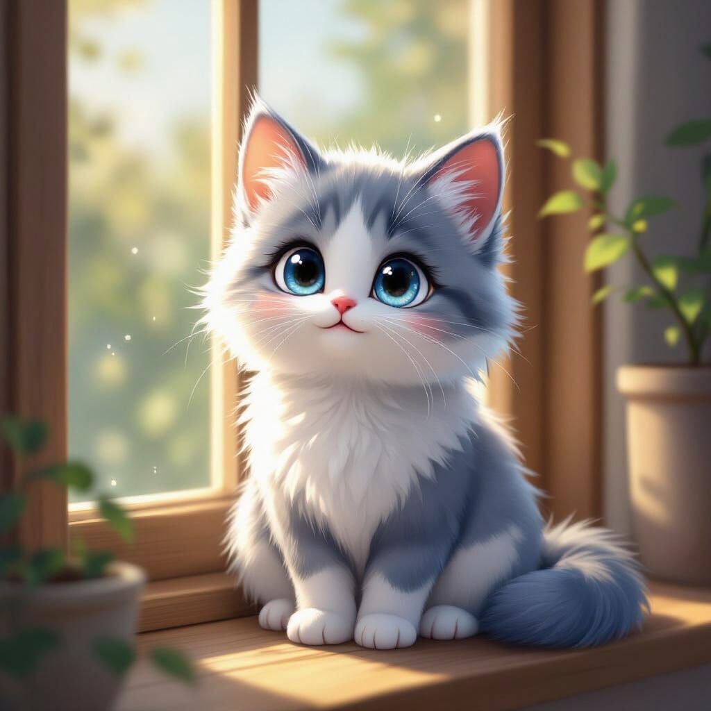 Cute Fluffy Cat by Window in Soft Cartoon Style