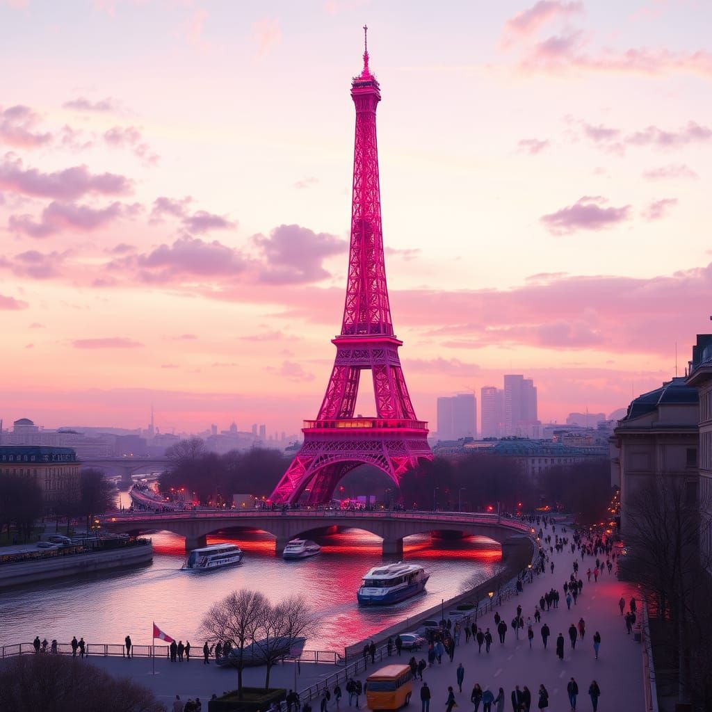 Eiffel Tower Cityscape in Pink Glow