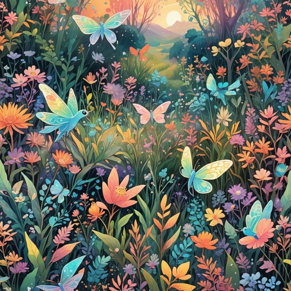 Iridescent Landscape with Dancing Creatures in Digital Art