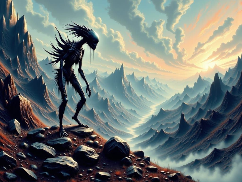 Alien Creature on Mountain Peak: Fantasy Concept Art