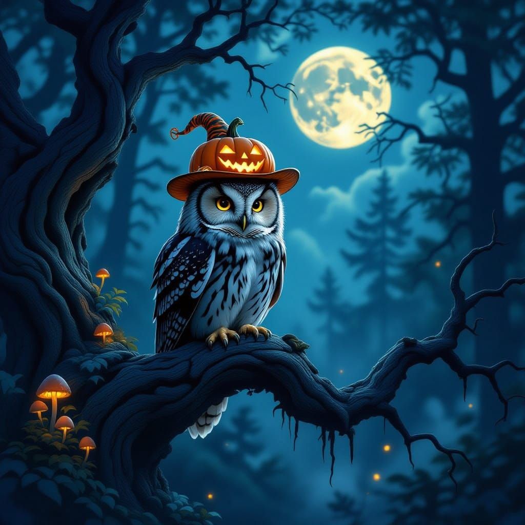 Majestic Owl in Pumpkin Hat on Ancient Oak
