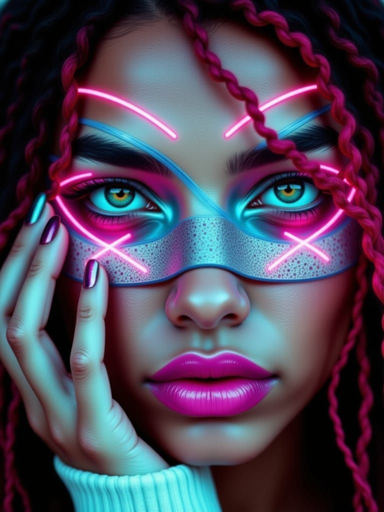 Woman in Guy Fawkes Mask with Pink Dreadlocks and Neon Smoke