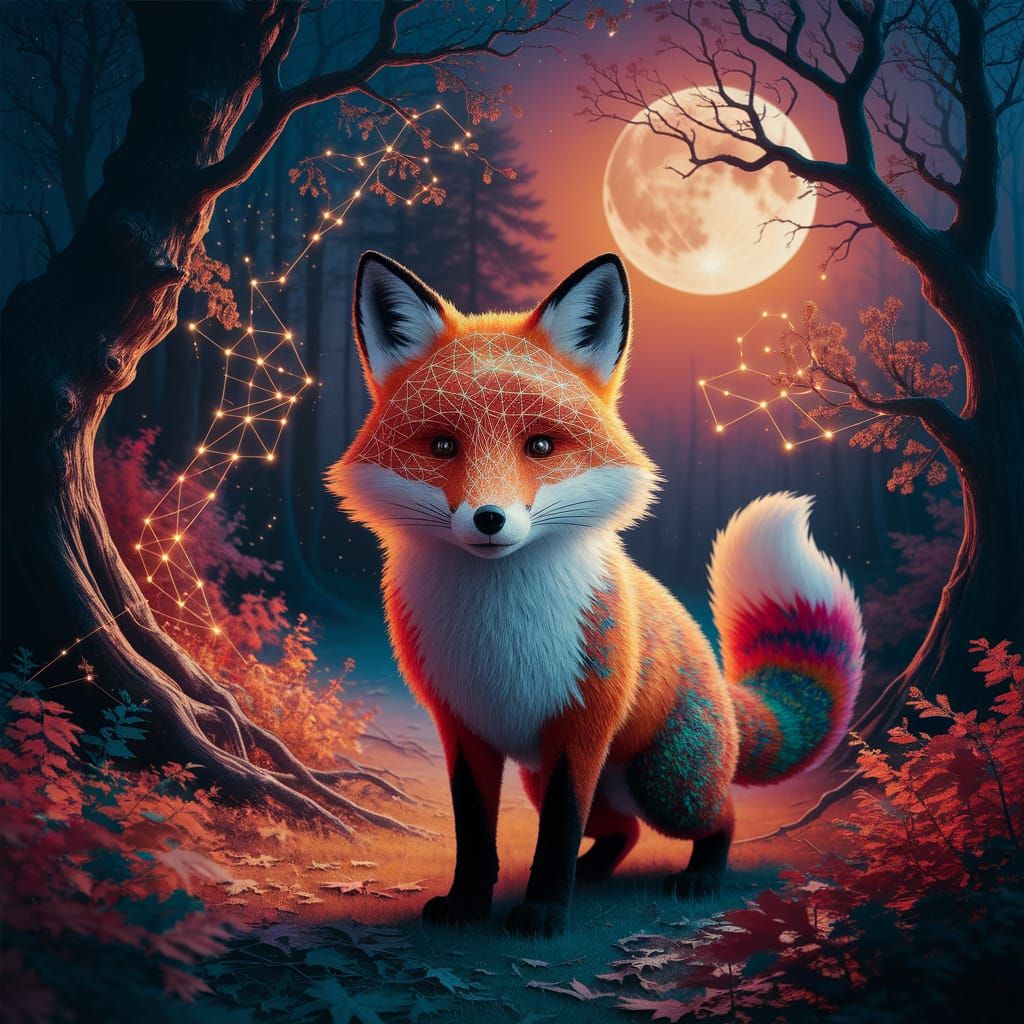 Fox Made of Pom Poms in Moonlit Forest