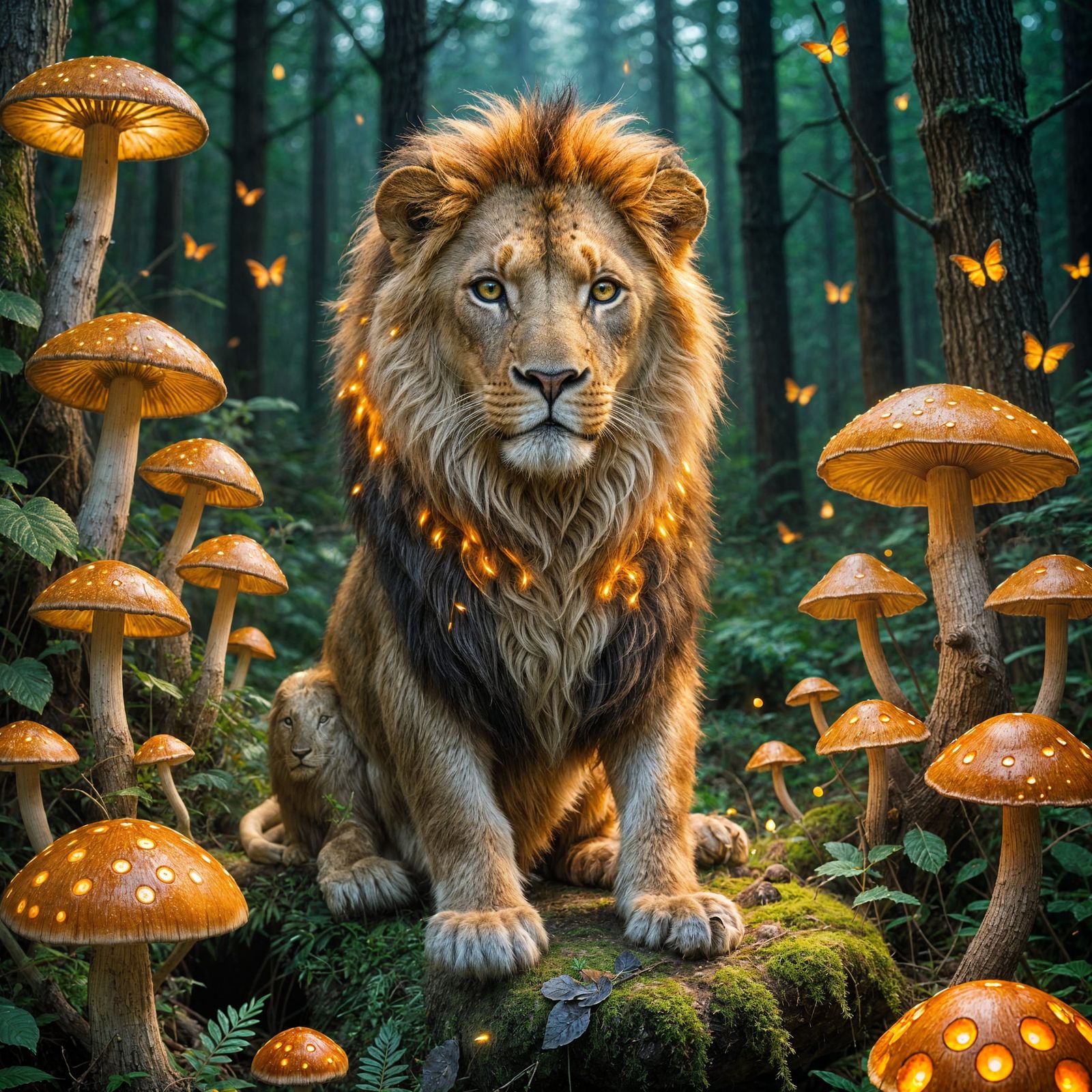 Luminous Fairy on Glowing Mushroom in Warm Forest