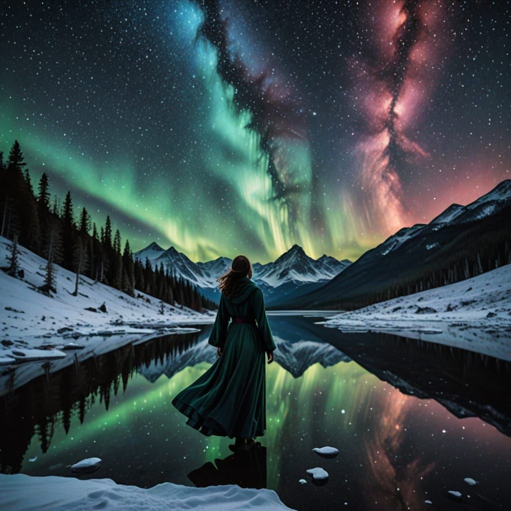 Cosmic Figure on Snowy Peak Reaches for the Heavens