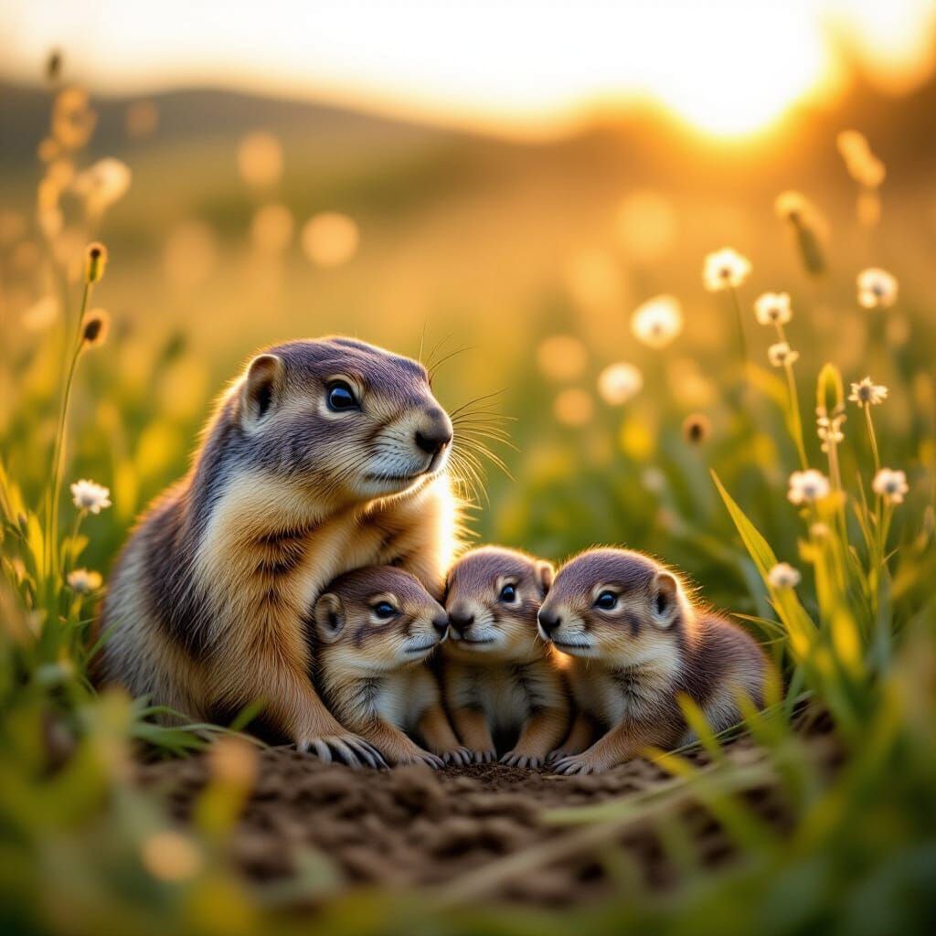 Mother Groundhog and Pups in Golden Sunlight