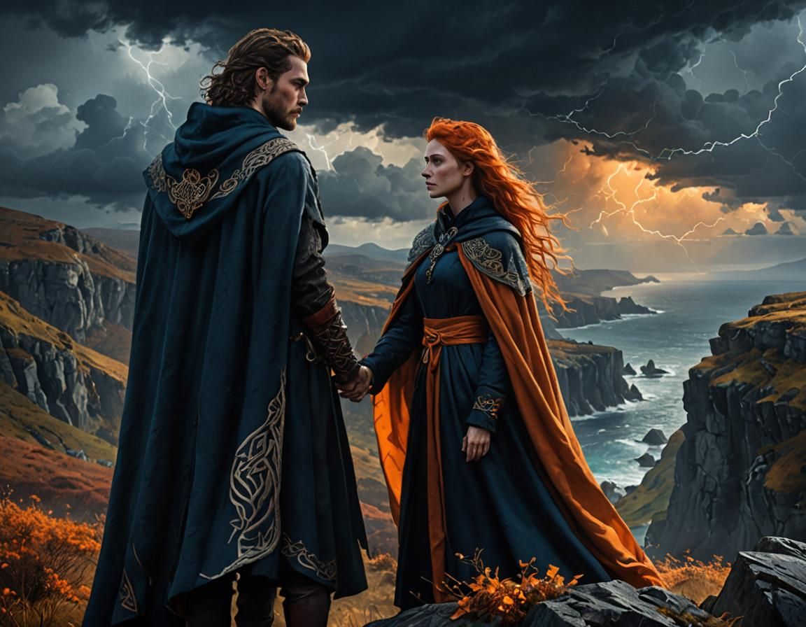 King and Witch Embrace on Irish Cliff in Storm