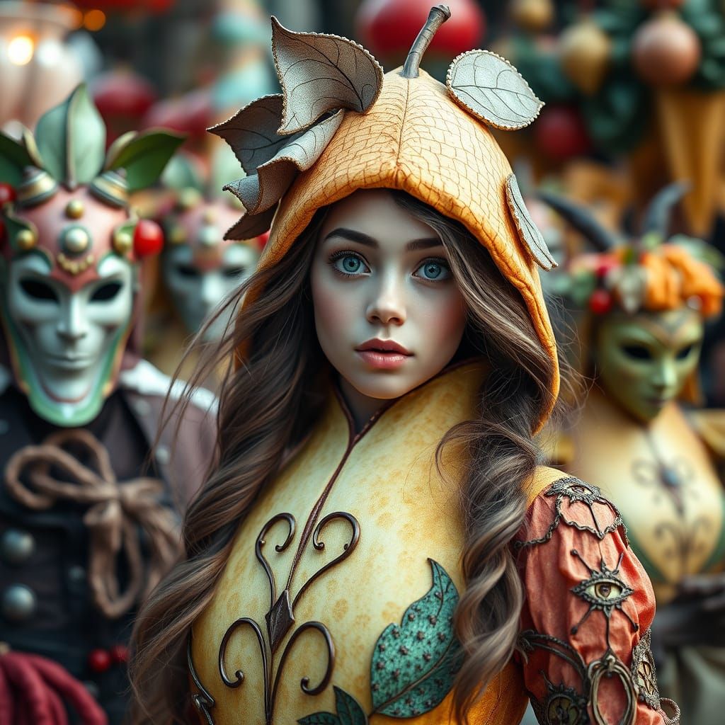 Woman in Pear Costume Amidst Carnival