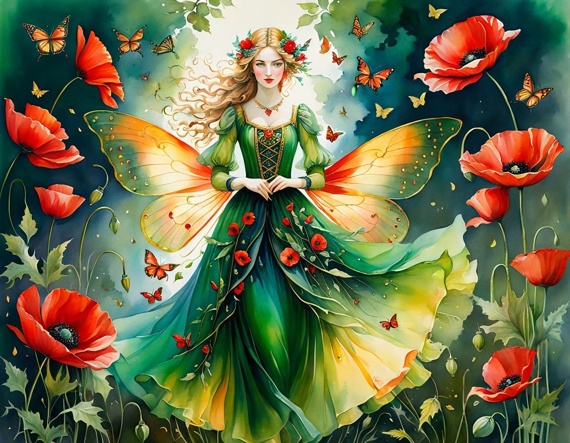 Poppy Fairy in Green Glass Dress: Aquarelle