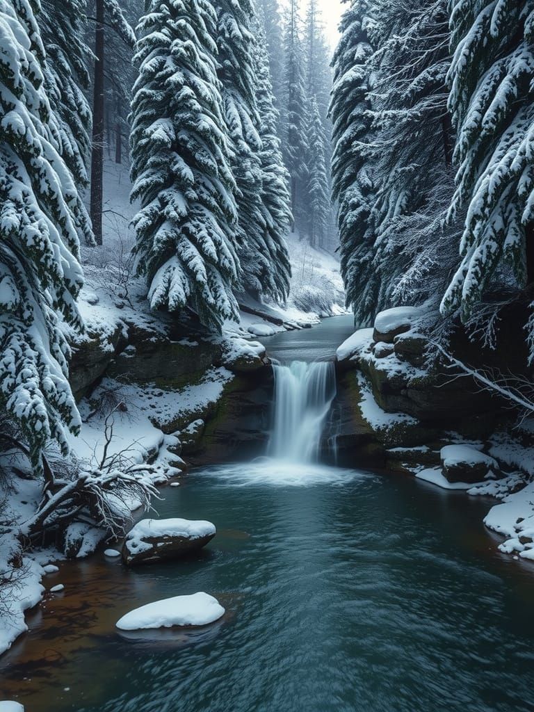 Winter Waterfall in Snow-Laden Forest