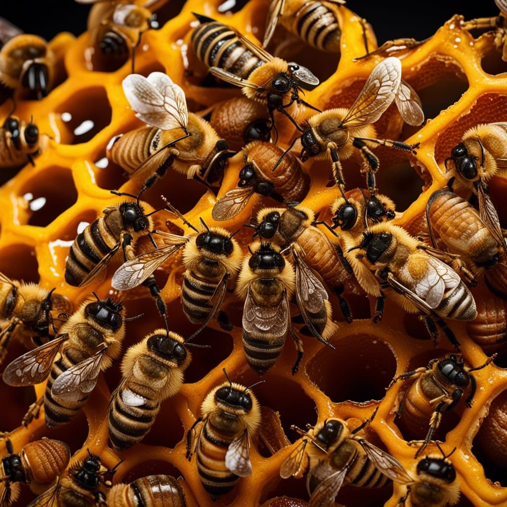 detailed bee in behive, honey dripping, bees, honey comb, Close-up portrait, color portrait, Linkedin profile picture, p...