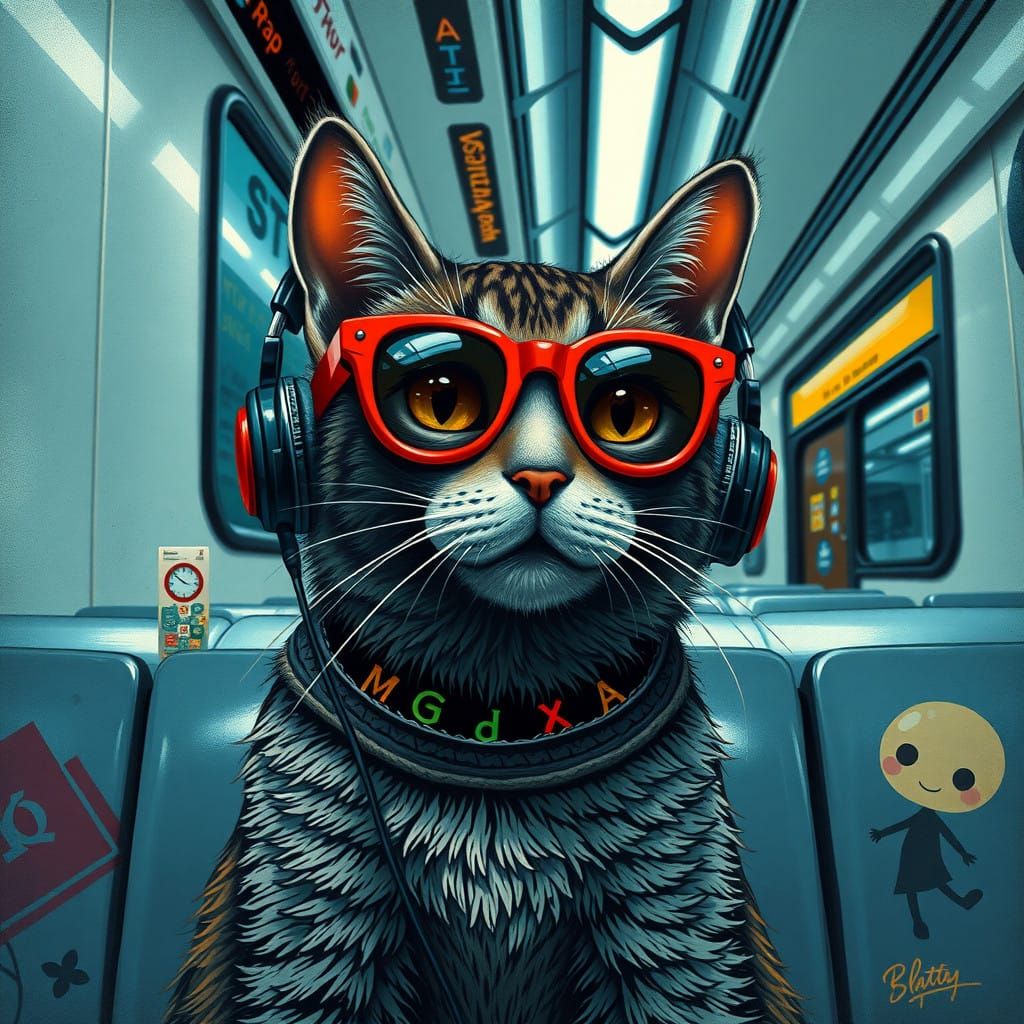 Whimsical Cyberpunk Metro Scene with Crocheted Cat