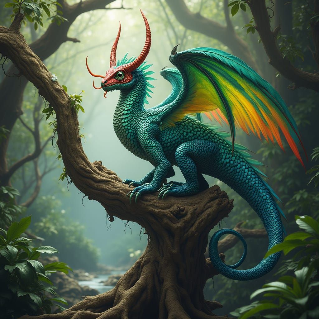 Whimsical Dragon Perched Amidst Jungle Oasis