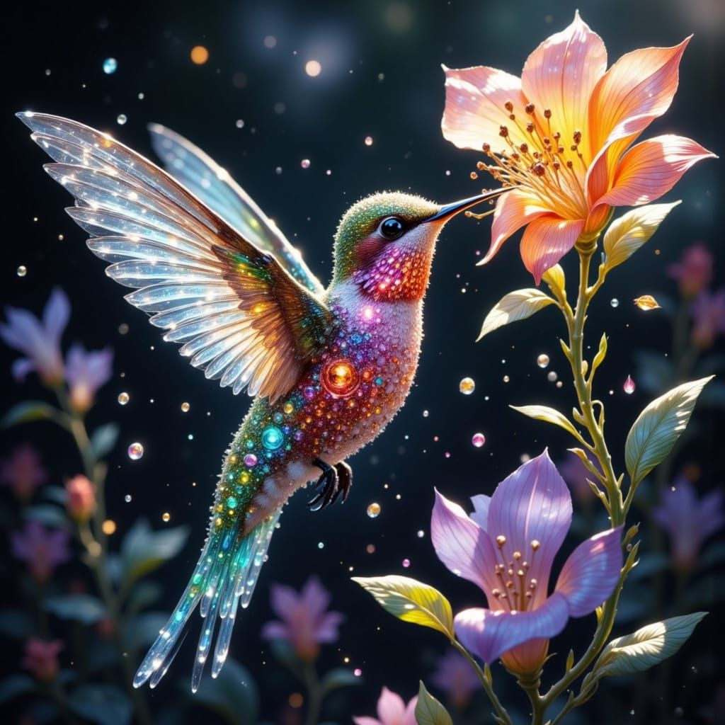 Glass Hummingbird Hovering Near Flower