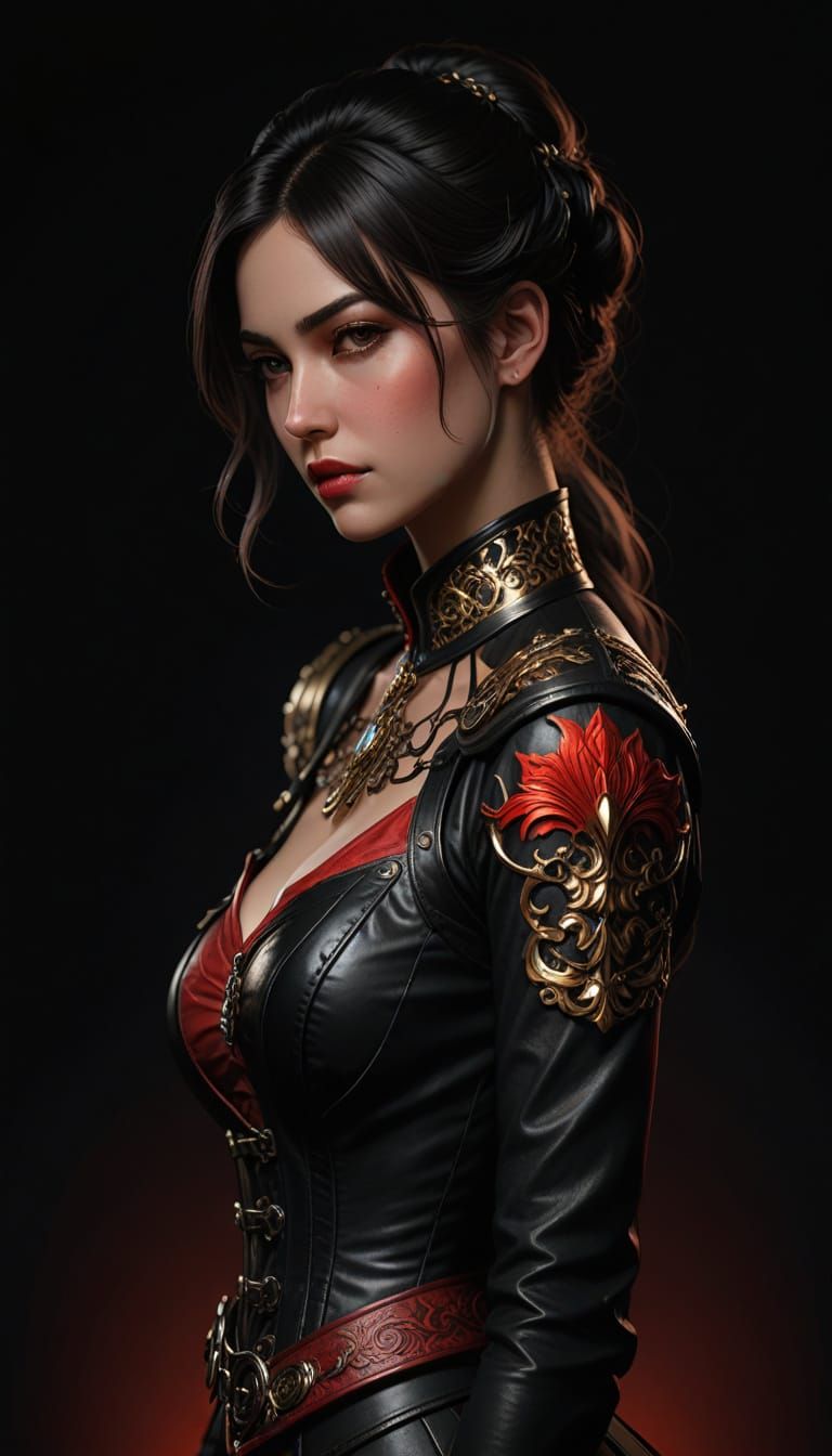 Elegant Woman in Bold Red and Black Leather Corset