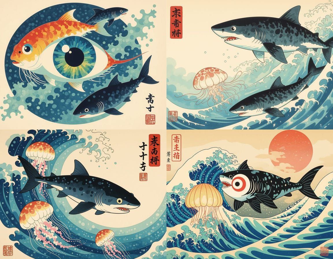 Sumi-e Style Fish and Jellyfish with Retro Colors