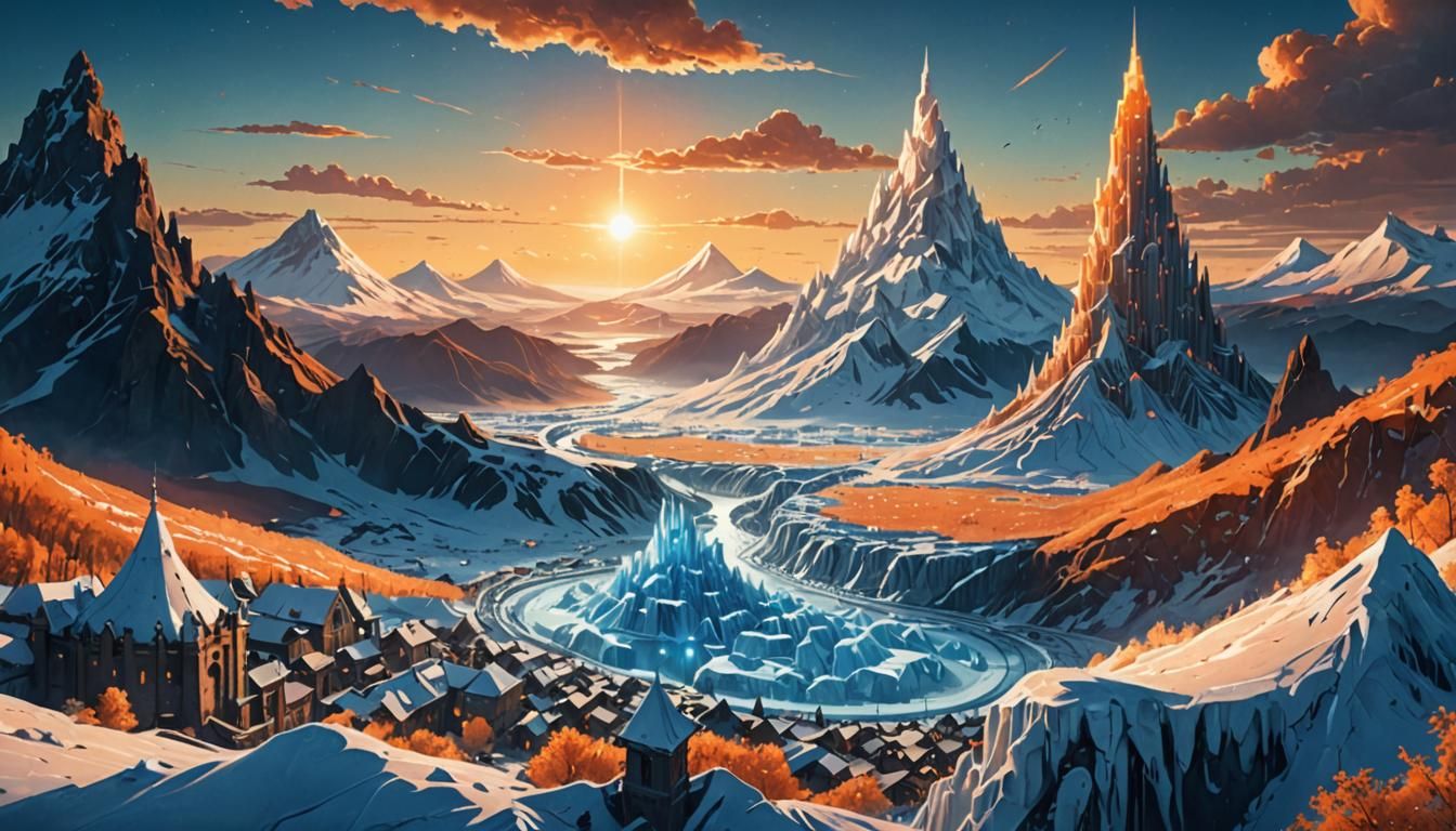 Icy Town Between Volcanoes: Fantasy Concept Art