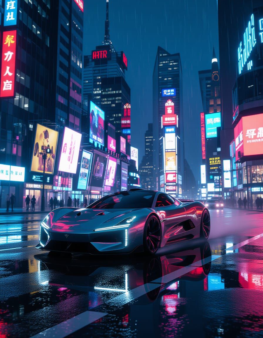 Chrome Hypercar on Neon City Streets in Rain