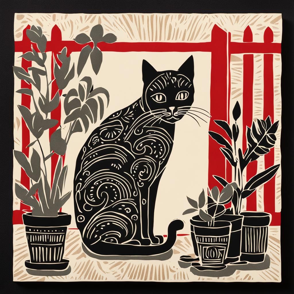 Boho Cat Silhouette Linocut with Potted Plants