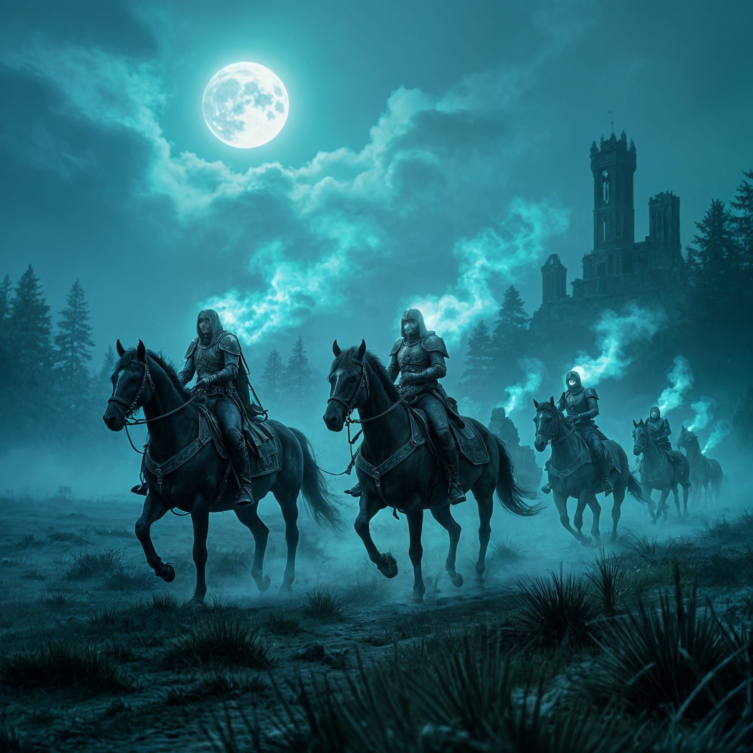 Spectral Riders Gallop Through Moonlit Fog