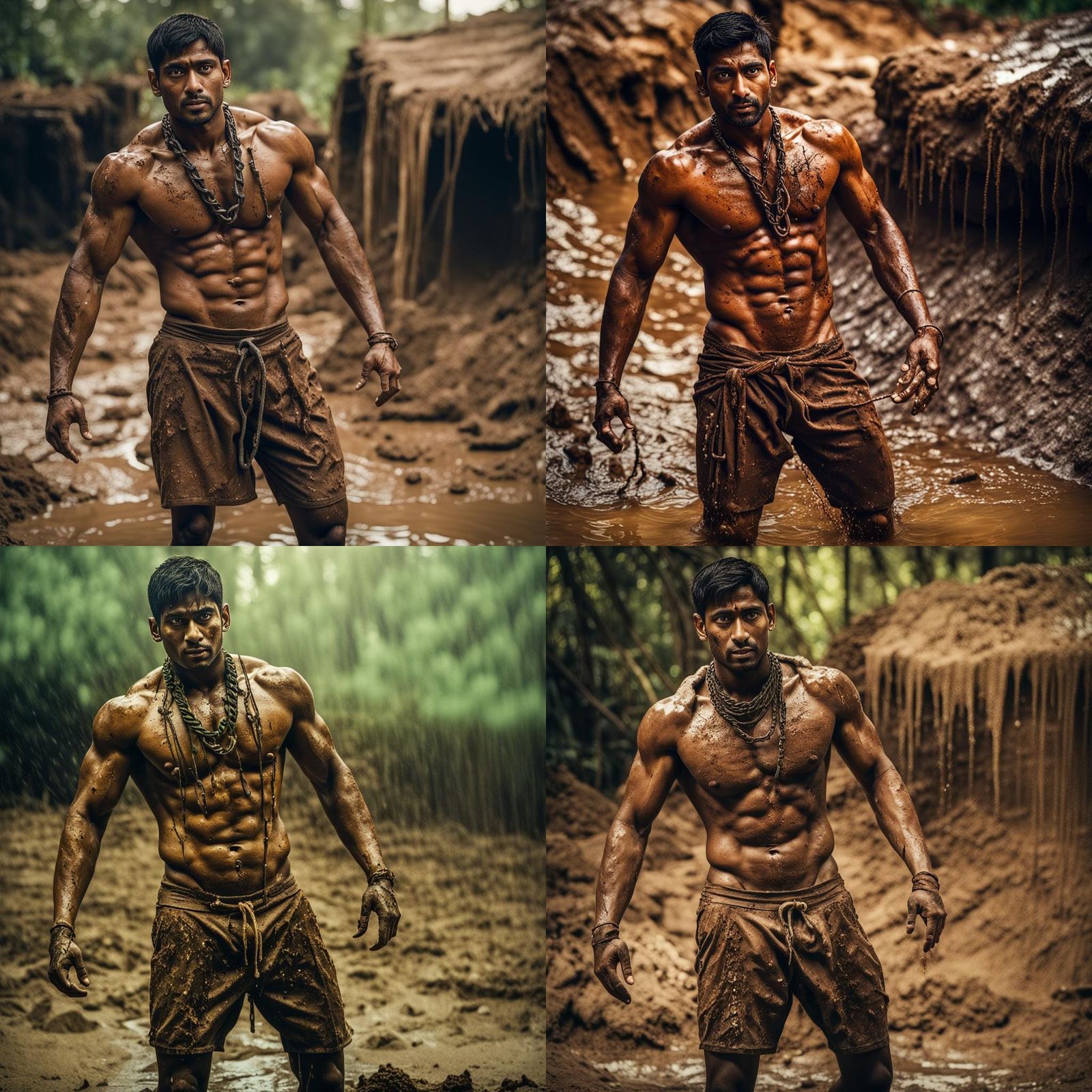 South Asian Man in Mud Pit: Cinematic Film Still