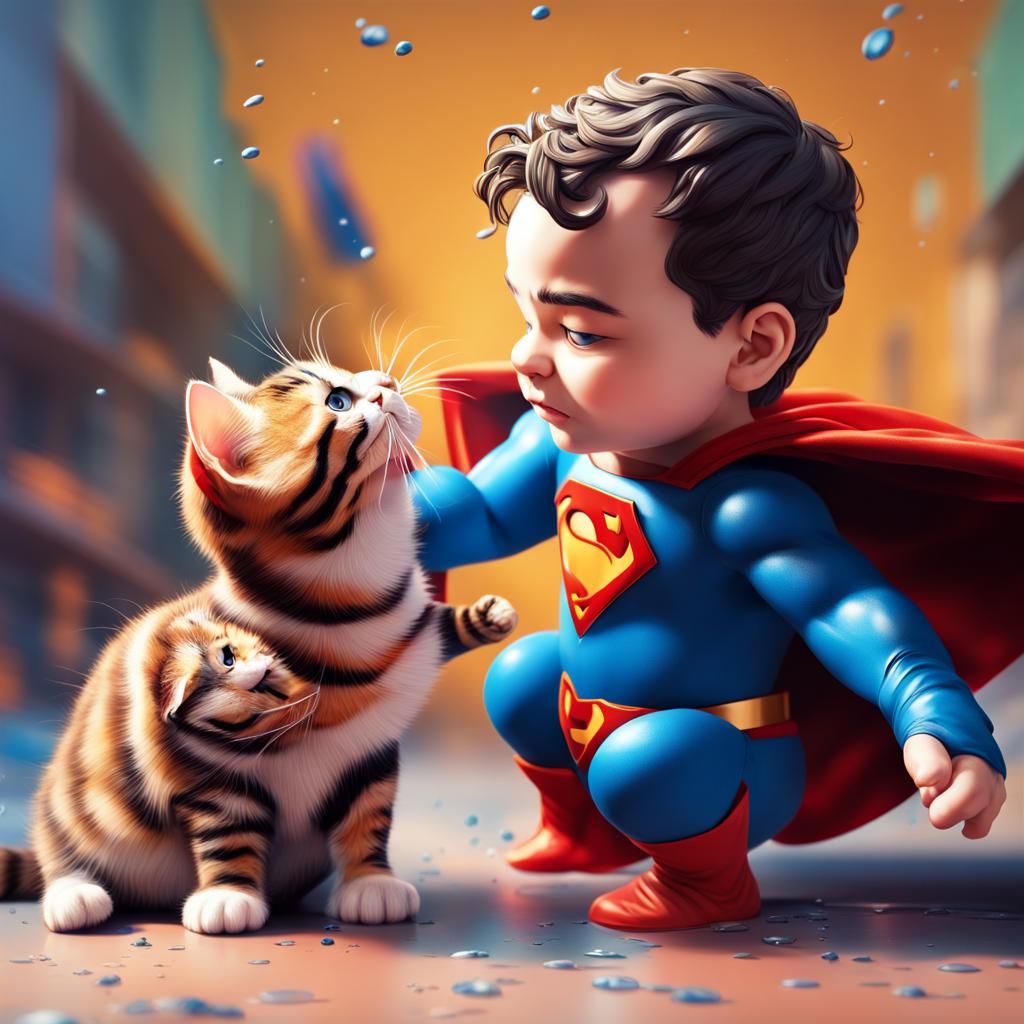Hyperrealistic Midget Superman Plays with Cat