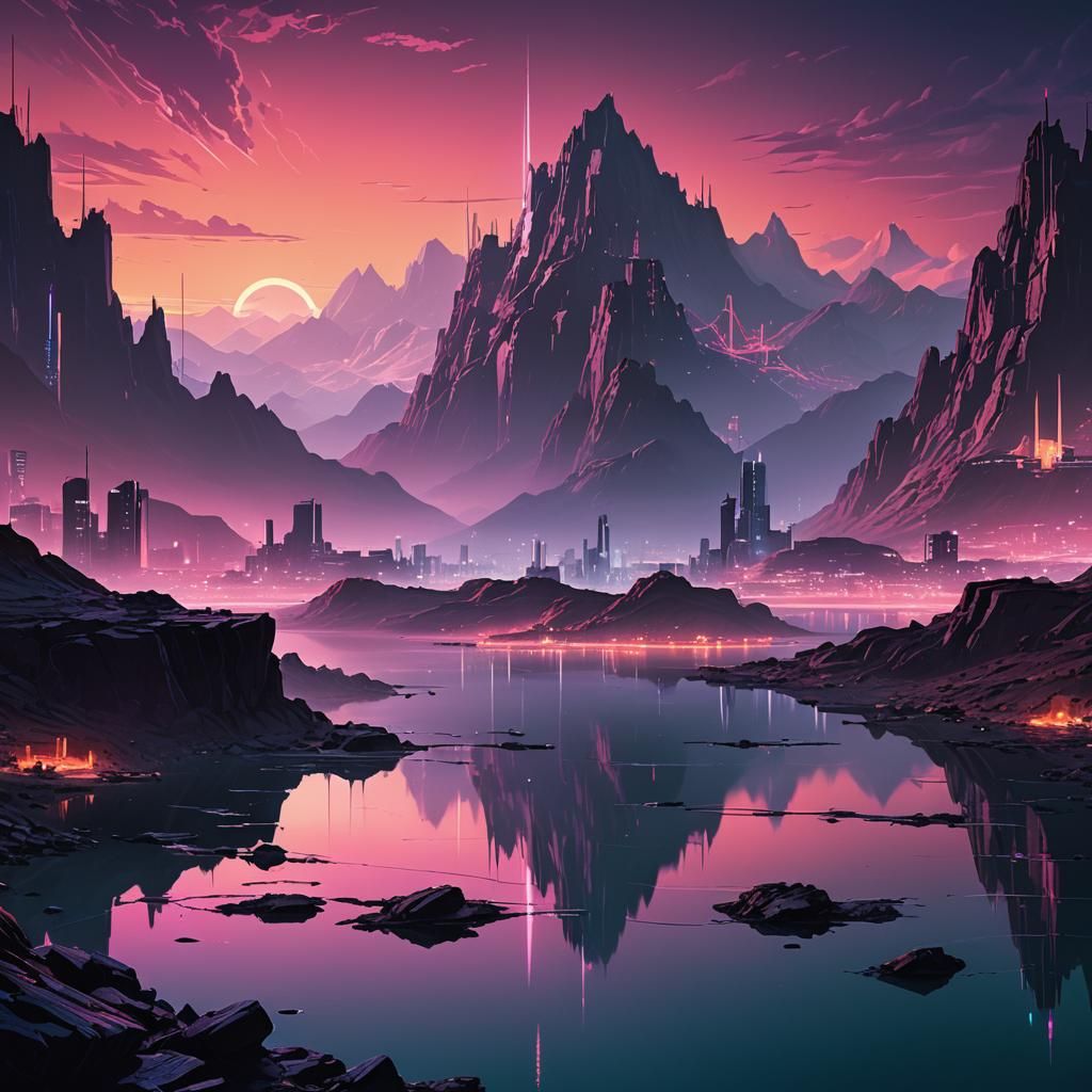 Cyberpunk Lake Reflects Neon Cityscape at Night