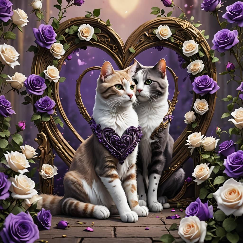 Cats in Love: Heart Frame with Roses