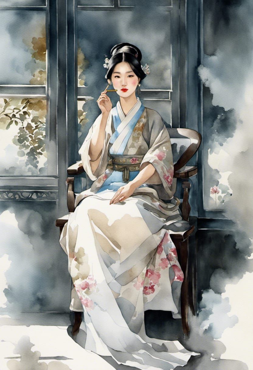Korean Woman in Art Nouveau Watercolor Style